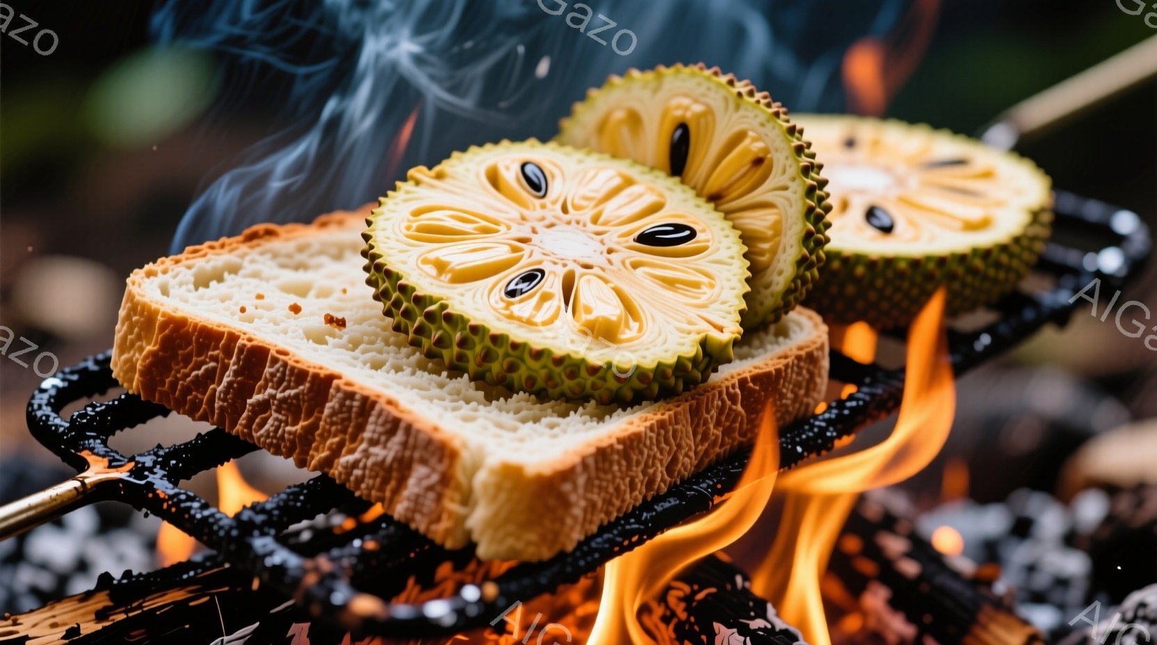 焼網の上にトーストとドラゴンフルーツのスライスが乗っています。炎と煙が立ち上り、背景には炭が光り、非常にコントラストの強い光景を作り出しています。この組み合わせは奇妙でありながら視覚的に興味深く、どこかユーモラスな雰囲気です。