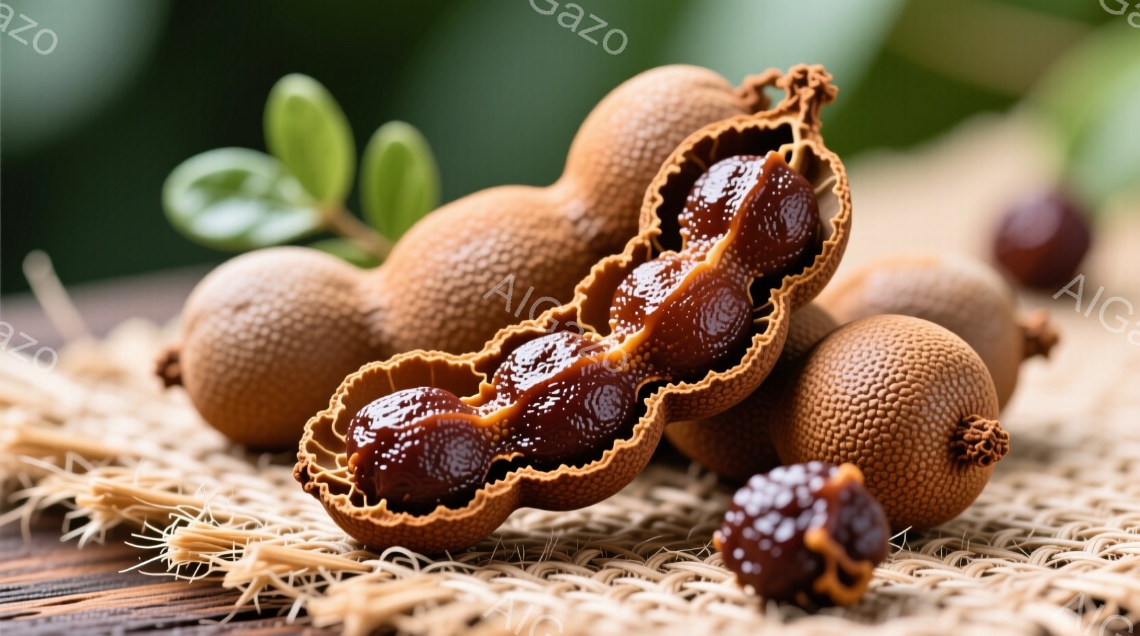 タイの果物であるターメリンドの実が写っています。実の一部は殻が割れて中から茶色く光沢のある果肉が見え、他の実や殻の破片とともに、藁のような素材の上に置かれています。背景は木目調のテーブルで、全体的に温かく自然な雰囲気です。