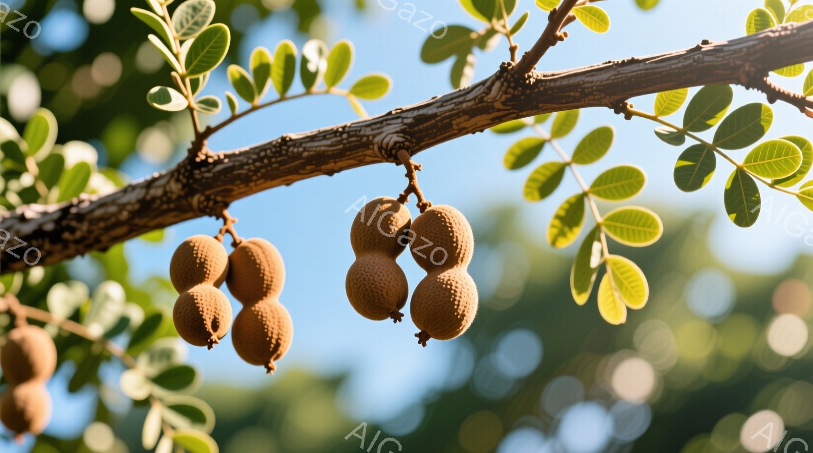 インジュの枝に実った実をクローズアップしたものです。緑の葉と茶色の丸い実が、太陽の光に照らされて鮮やかに見えます。背景はぼやけており、自然豊かな屋外の様子が伺えます。 - AI生成フリー素材