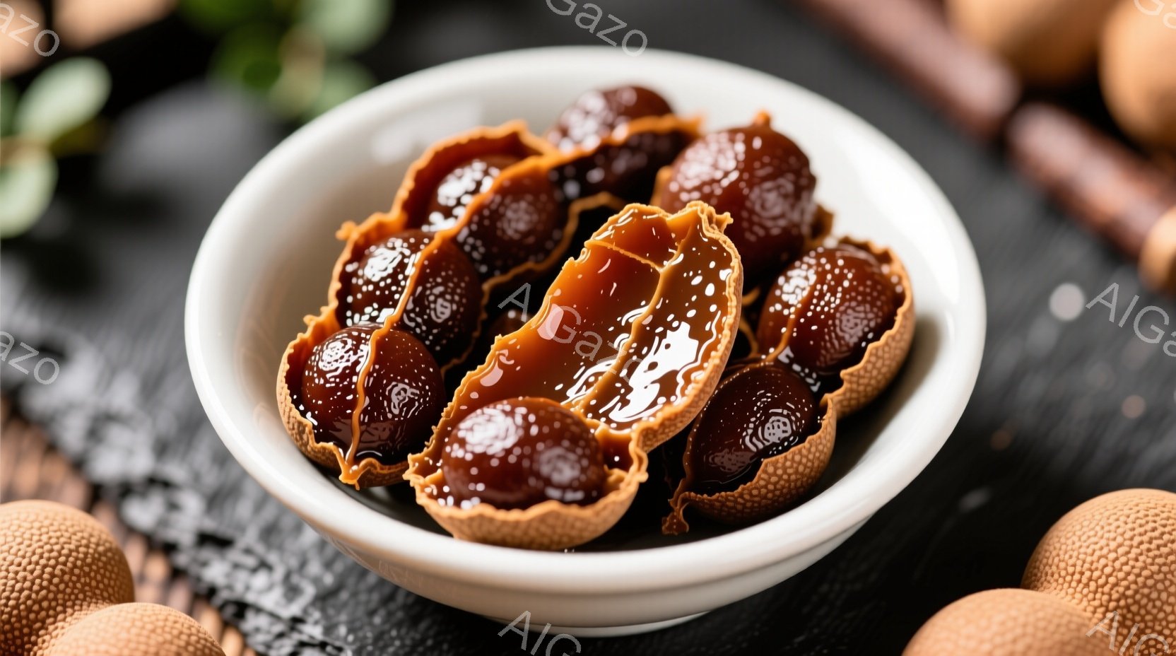 白い小皿に、褐色の龍眼肉（ドライなロンガン）がいくつか並べられています。一つは殻が剥がれて中身が見えており、光沢のある果肉が確認できます。背景は黒い木目調の表面で、ぼやけた龍眼の画像がいくつか見え、全 - AI生成フリー素材