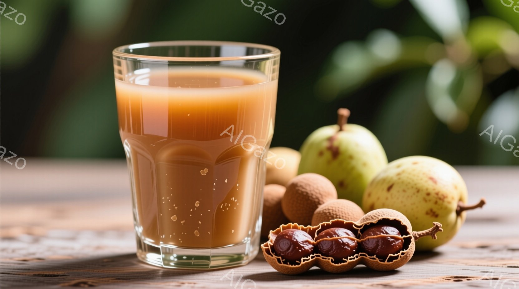 粗く木目のあるテーブルの上に、透明なグラスに入った茶色の液体と、数個の熱帯果物であるタマリロ（または中国ナツメ）が置かれています。タマリロは緑色と茶色のまだら模様で、一部は殻が開いて中身が見えています - AI生成フリー素材