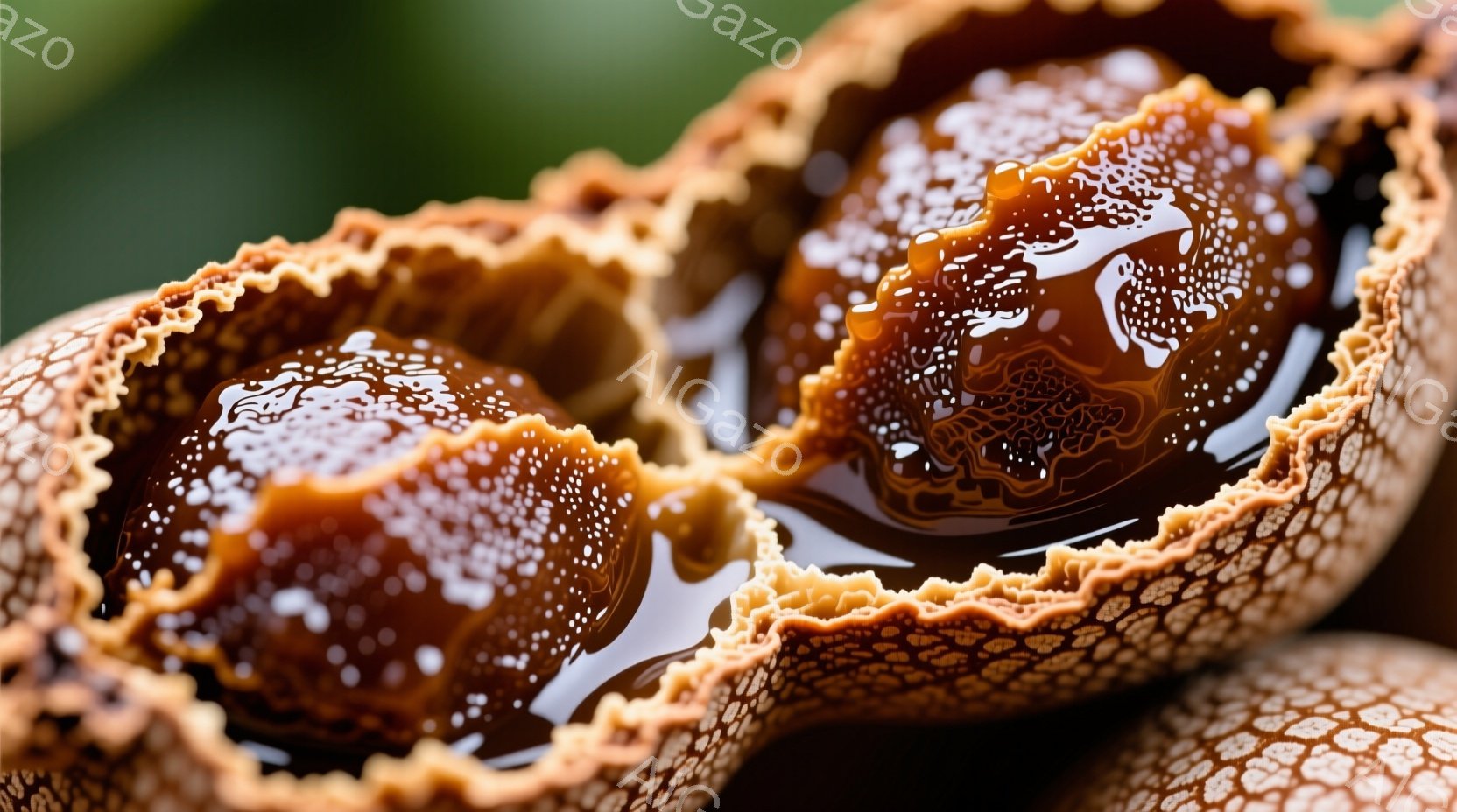 チョコレート菓子が割れて、中からとろりとしたキャラメルが流れ出ているクローズアップ写真です。外側のチョコレートは細かい網目模様が施され、キャラメルの黄金色とのコントラストが美しいです。背景はぼかされており、お菓子の甘く濃厚な雰囲気を引き立てています。