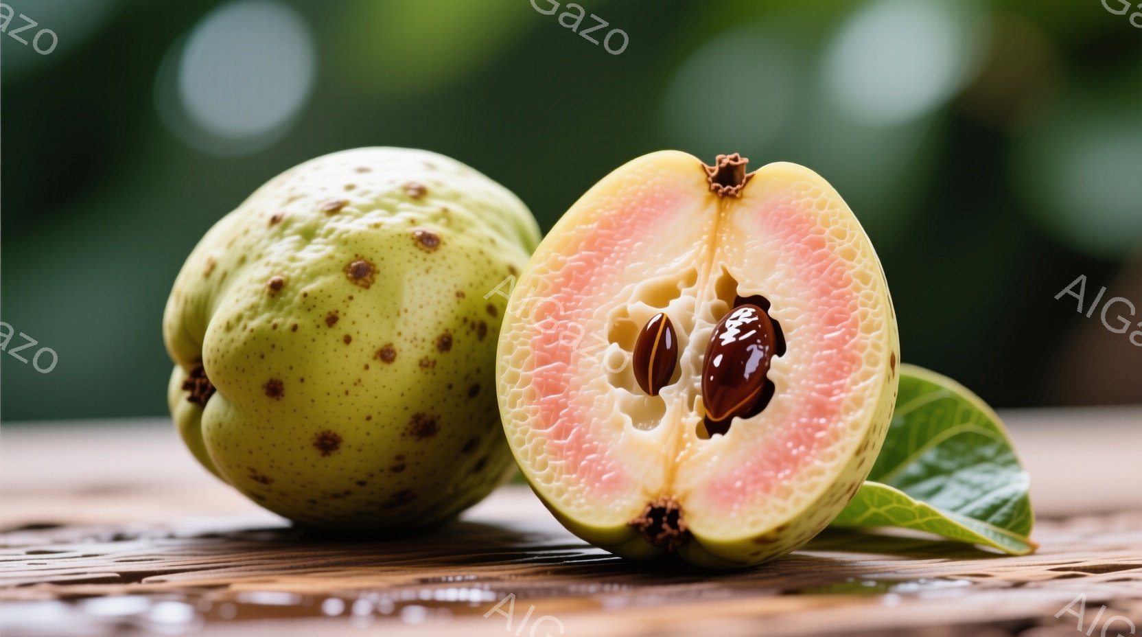 浅緑色の、いぼのあるアノンの果実が2つ、木製のテーブルの上に置かれています。片方は半分にカットされており、ピンク色の果肉と黒い種が見えます。背景はぼやけた緑色で、果実が際立っています。