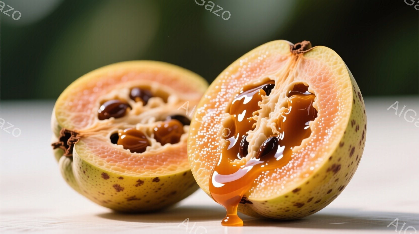 独特の形状をした緑色の果物、アノナ（またはシャリファ）をクローズアップで捉えています。果実は多くの小さな鱗状の突起で覆われ、上部には茶色の茎が付いています。背景には、ボケた茶色の葉や木片が散らばっており、自然な雰囲気を醸し出しています。