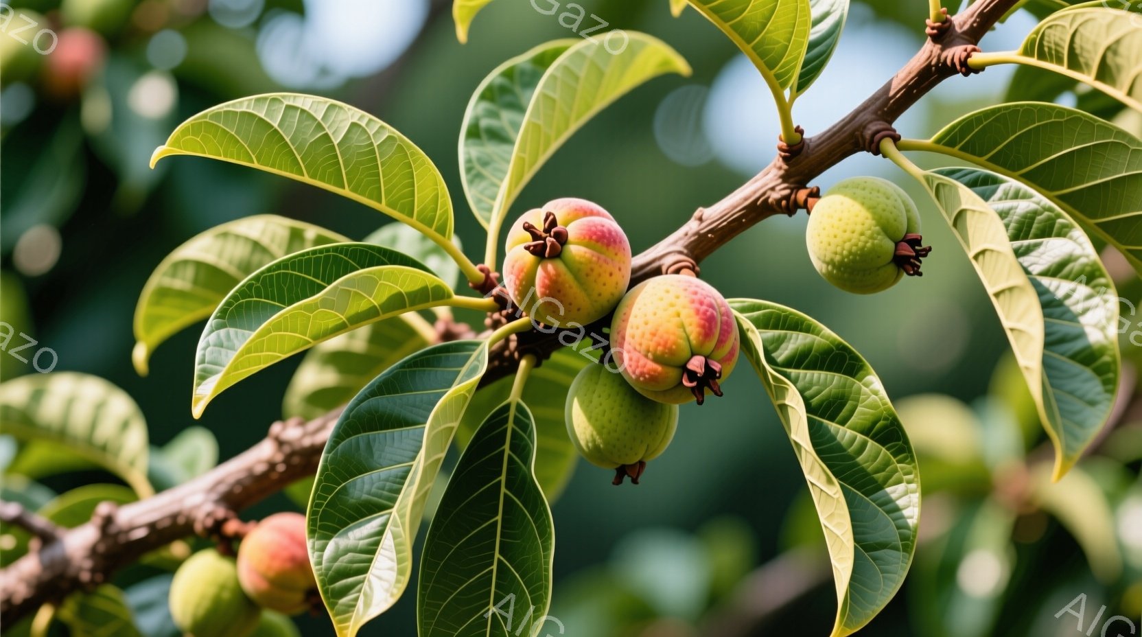 鮮やかな緑の葉と、赤と黄色のまだ熟していない果実が枝についた、グアバのクローズアップ写真です。果実の周りには萼が残っており、葉は光沢があり、脈がはっきりと見えます。背景はぼやけており、自然の中で撮影された温暖な日の雰囲気が伝わってきます。