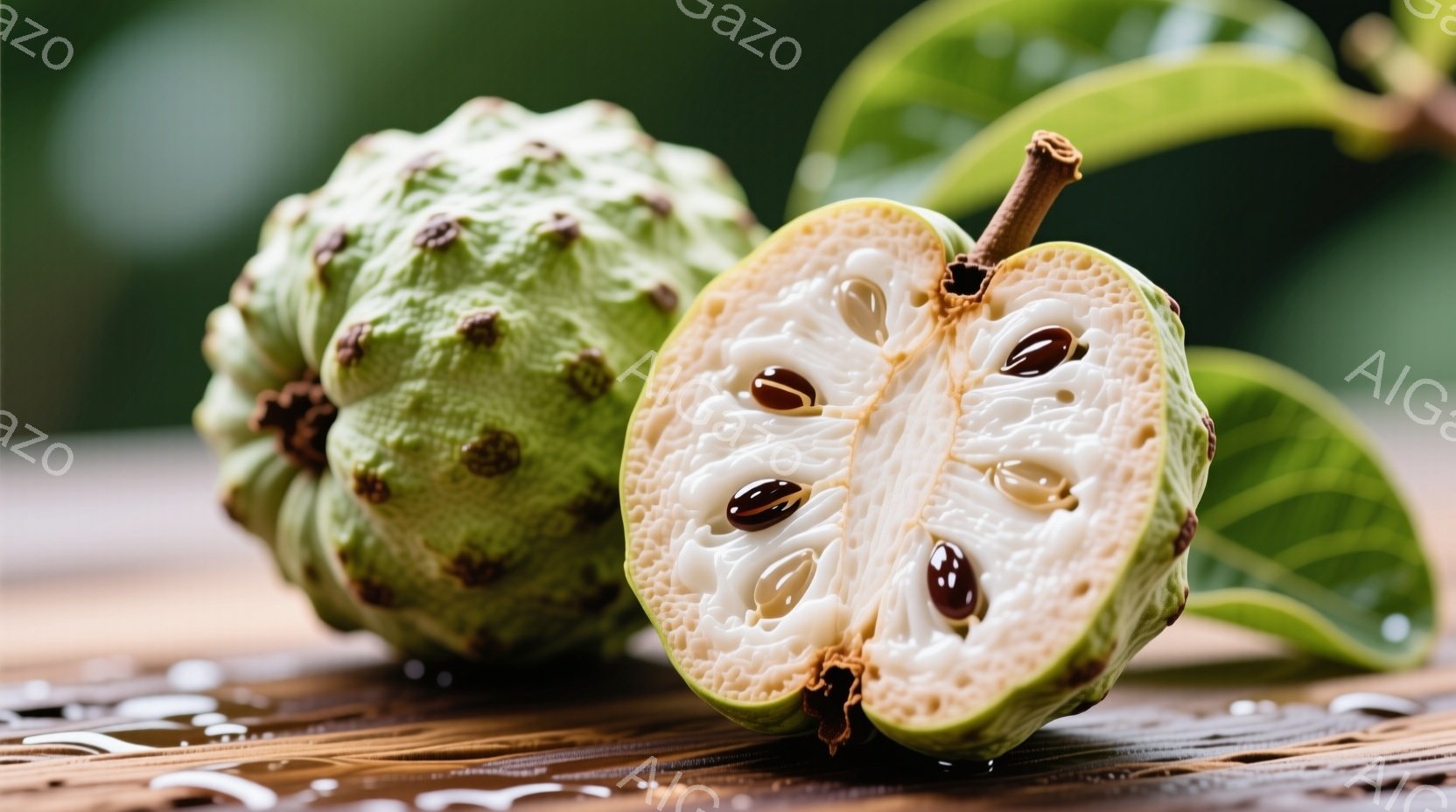 鮮やかな緑色の、表面にイボ状の突起があるアノンの実が、半分に切断された状態で写っています。切断面からは黒い種が覗き、白い果肉が確認できます。背景には緑色の葉がぼやけて見え、木製のテーブルの上に水滴が点在する様子から、自然の中で撮影された新鮮なフルーツの様子が伺えます。