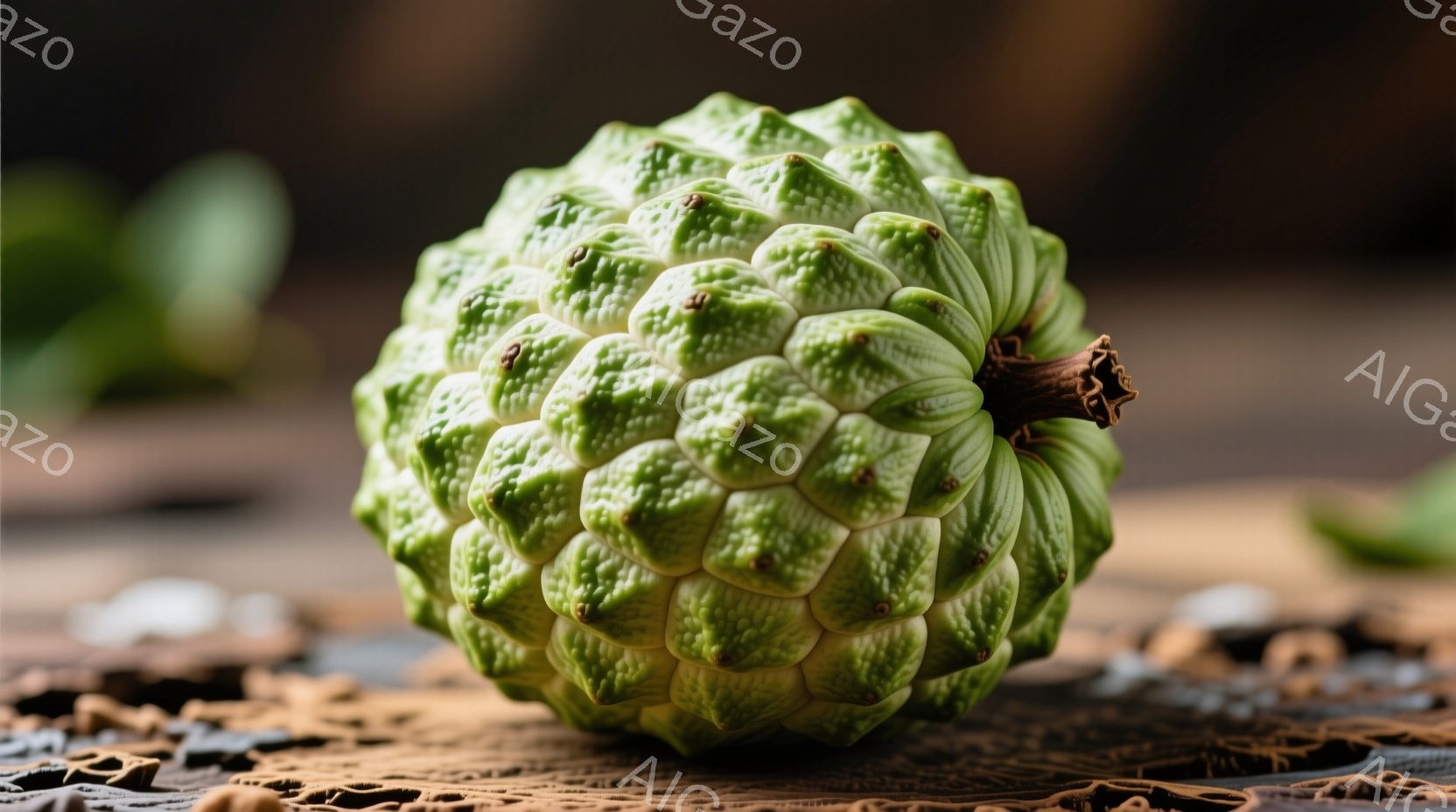 表面に多くの突起がある緑色の果物、おそらくアノナ・スクラモサ（セイヨウアノナ）をクローズアップで捉えたものです。果物は茶色とベージュの質感のある表面の上に置かれ、背景はぼやけて自然な風合いを強調してい - AI生成フリー素材