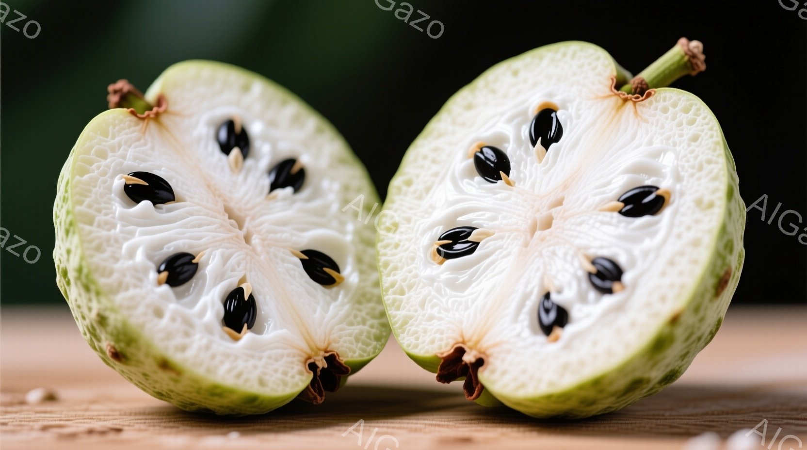 半分に切られたアノナ（番荔枝）が2つ並んでいます。果肉は白く、黒い種子が星型に配置されており、独特の模様を作り出しています。背景は木製のテーブルで、自然な光が当たっており、果物の新鮮さを引き立てています。