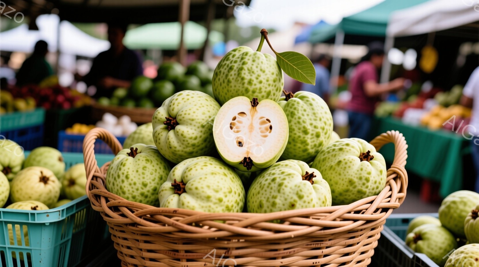 籐編みの籠に、緑色と黄色の斑点模様のガイバノキの実が山積みにされています。一番手前には、半分に切られた実があり、赤い果肉と小さな種が見えます。背景には、他の果物が積まれたプラスチック製の箱や、ぼやけた人々の姿が見え、活気のある市場の雰囲気を感じさせます。