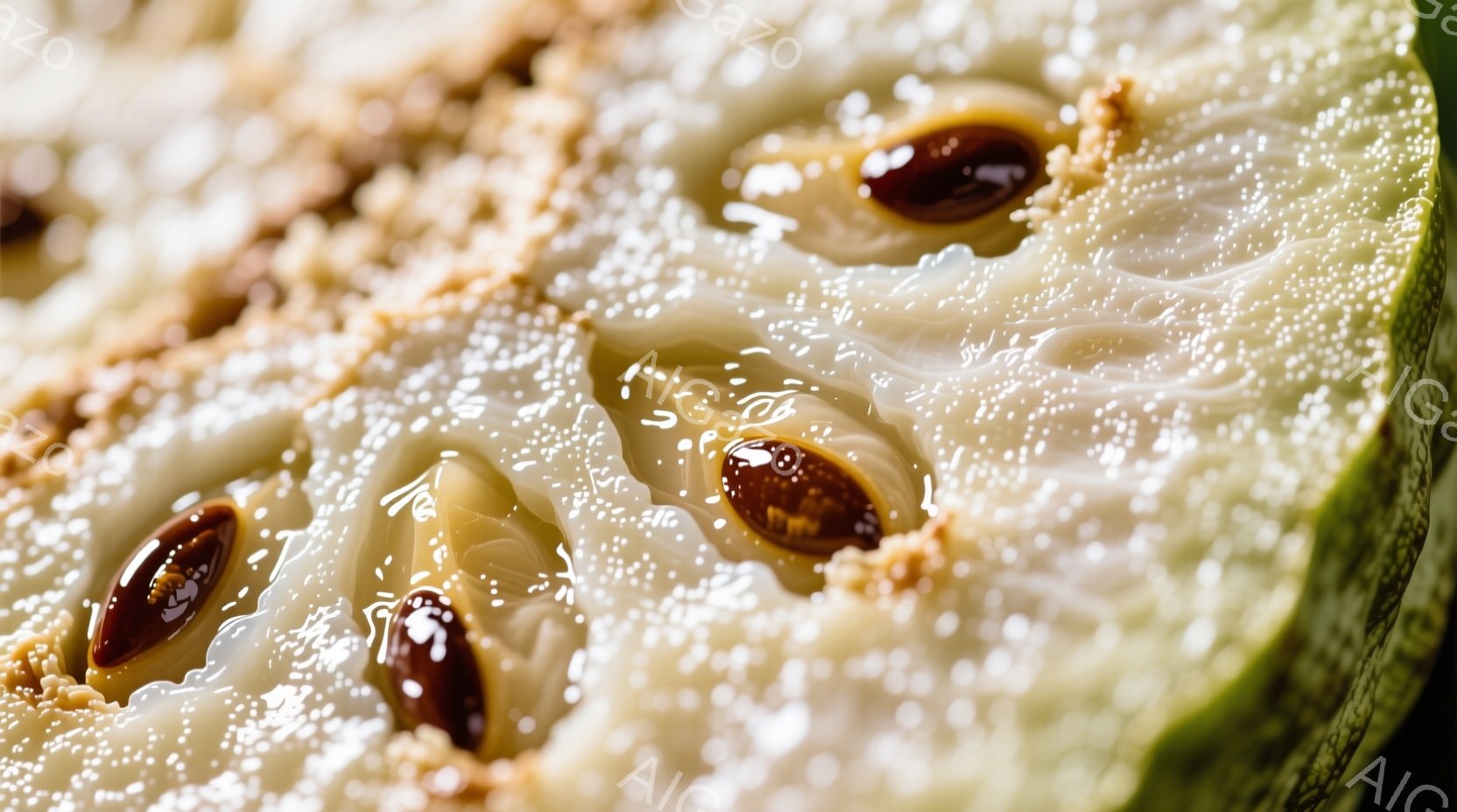 緑色の皮と白い果肉を持つメロンの断面のクローズアップです。果肉には黒色の種が点在し、果汁が滴り落ちています。全体的に瑞々しく、甘くて美味しい夏の印象を与える鮮やかな画像です。 - AI生成フリー素材