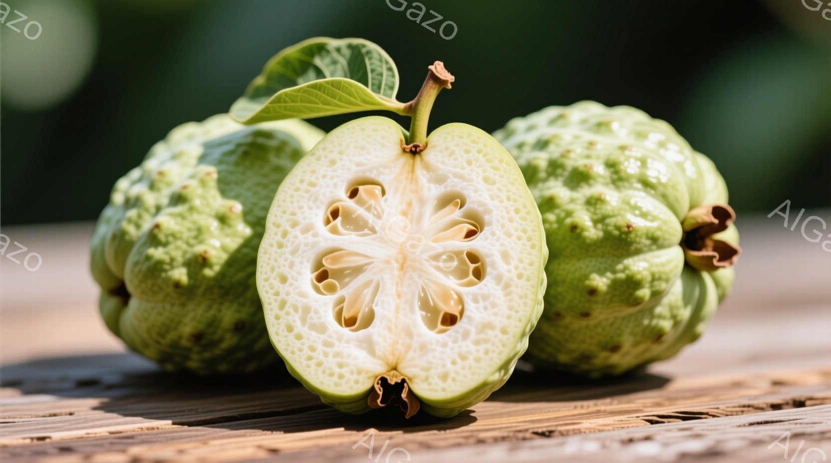 アノンの果物が木製のテーブルの上に置かれています。一つは丸い形をしたまま、もう一つは半分にカットされて中の白い種が見えています。背景は緑色で、自然光が差し込み、果物が際立っています。