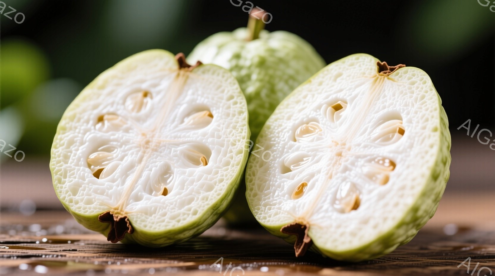 割られたビワの断面が2つ写っています。果肉は白く、種が星形に配置されており、その周囲に水分滴が光っています。背景は木製の表面で、全体的に自然でフレッシュな印象を与えます。