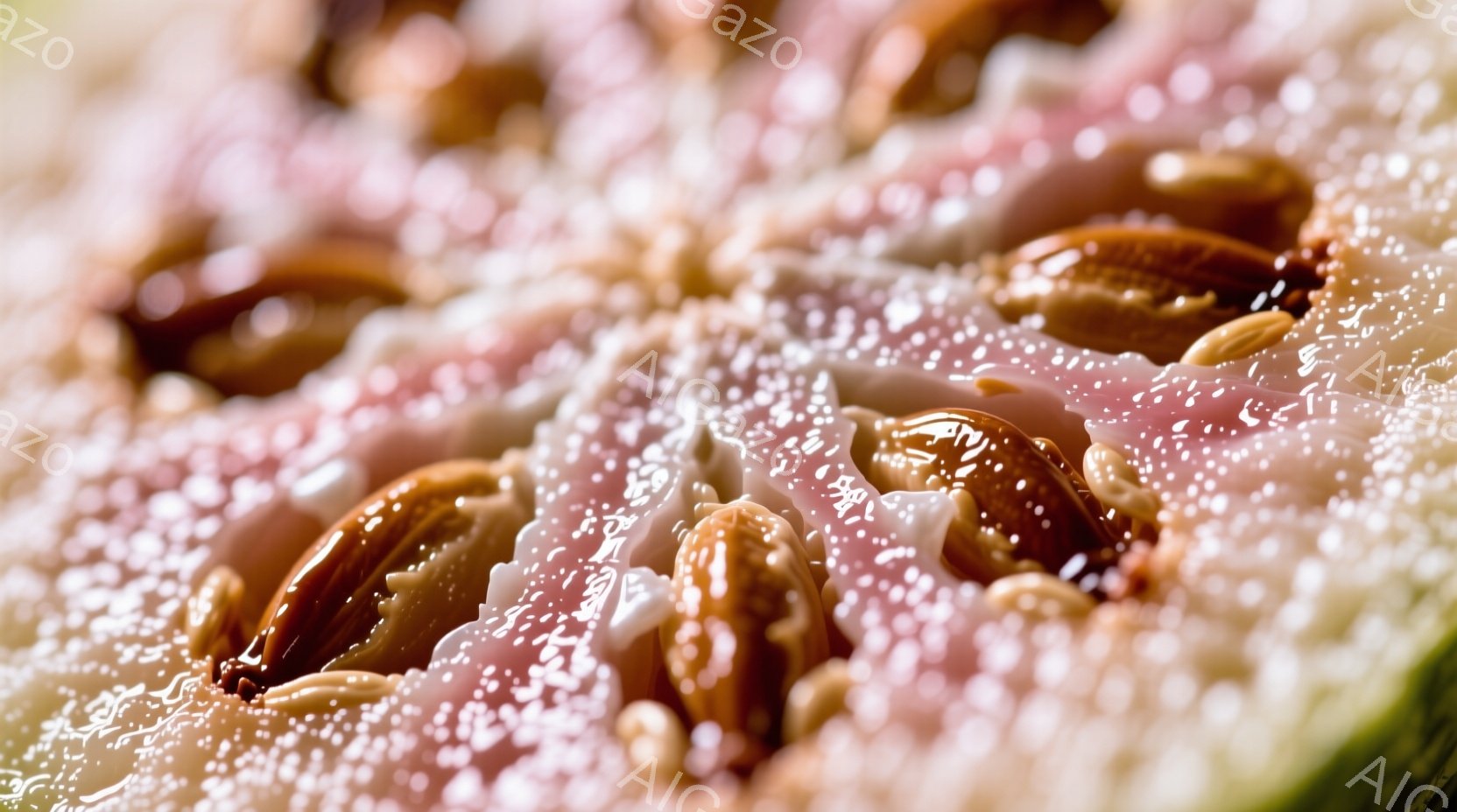 鮮やかなピンク色の果肉に、多数の小さな茶色の種子が密集しているクローズアップ写真です。果肉は水分を含んでおり、種子の周りに白い水滴が見られます。背景は緑色で、スイカの内側を強調した、鮮やかで生命力のある雰囲気です。