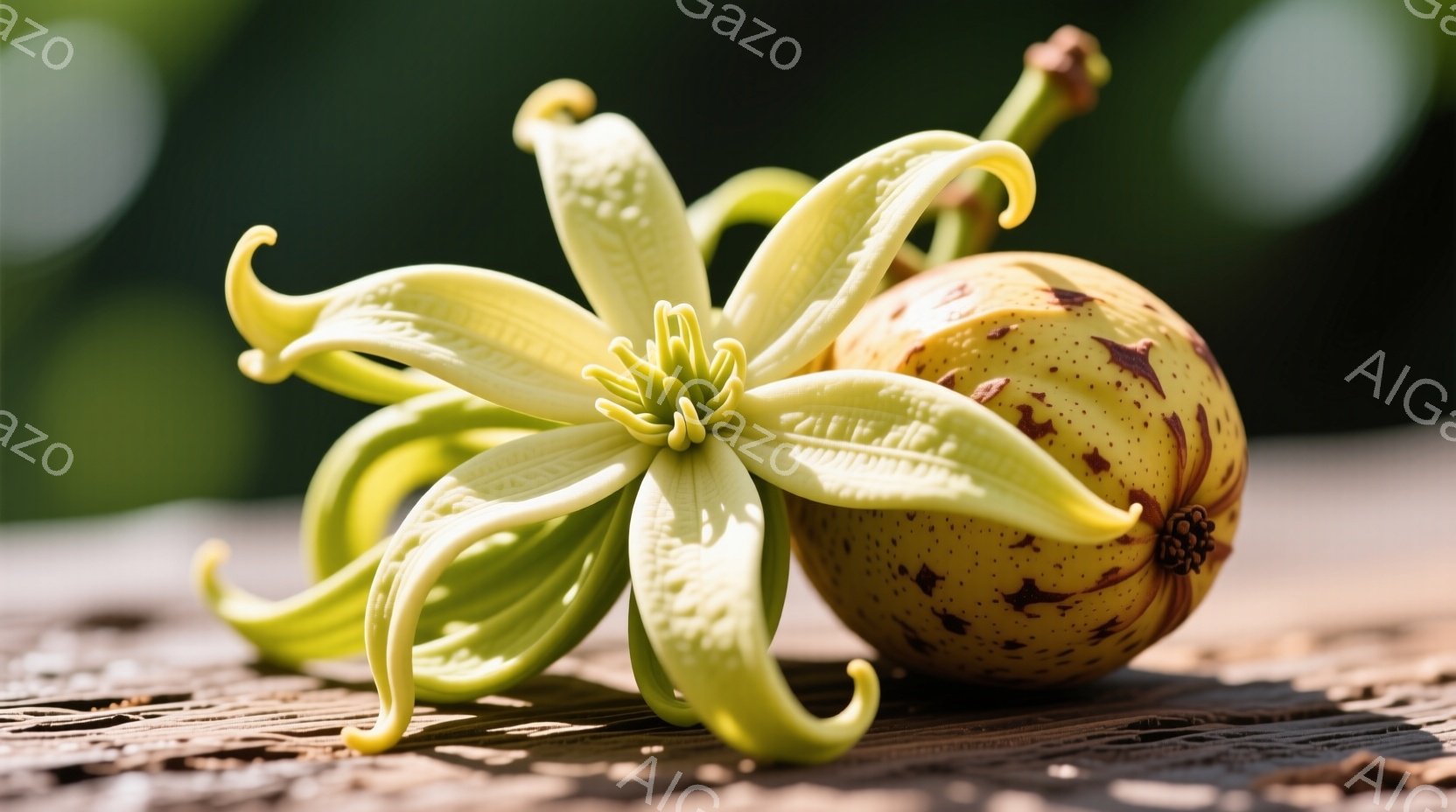 鮮やかな黄緑色のヤスミン（ジャスミンの一種）の花が、斑点模様の未熟な実とともに木製の表面に置かれています。光が差し込み、花びらの繊細な質感と実の表面の凹凸を強調しています。背景はぼかされており、自然な光の中で静かで穏やかな雰囲気を醸し出しています。