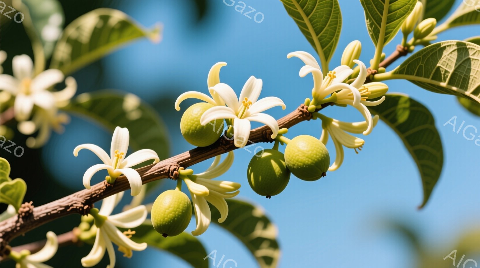 鮮やかな青空を背景に、柑橘類の木の枝が写っている。白い花と緑色の小さな果実が枝に沿って咲き、春の暖かさと生命力を感じさせる。葉は濃い緑色で、光を浴びて艶やかに輝いている。 - AI生成フリー素材