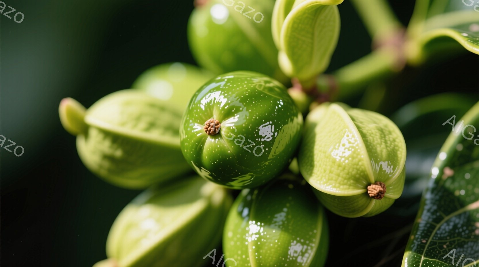 鮮やかな緑色のヘゴ（霊芝）の集合体が写っている。未熟な若いヘゴは、光沢のある表面を持ち、まだ完全な形になっていないものが目立つ。背景は深い緑色で、葉や茎がぼんやりと見え、自然豊かな環境を示唆している。