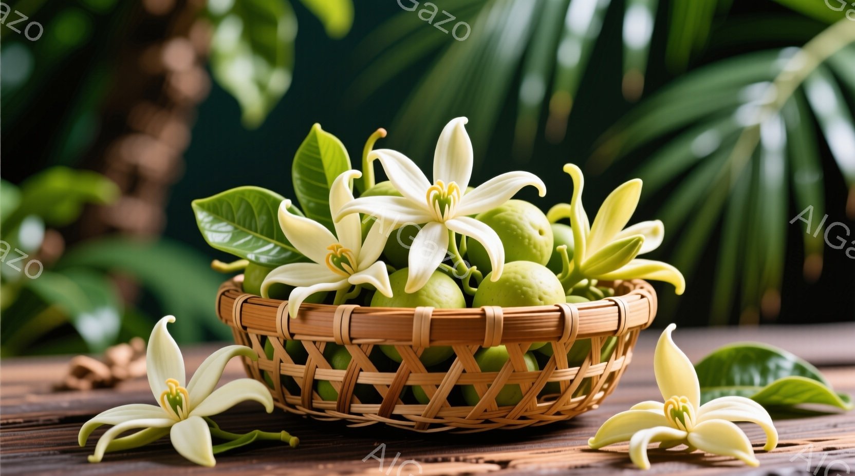粗い編み込みのバスケットに、まだ緑色の未熟なマンゴーと、白く繊細なマンゴーの花が詰め込まれています。背景にはぼやけた緑の葉が広がり、茶色の木製のテーブルの上にバスケットが置かれています。全体的に、自然 - AI生成フリー素材