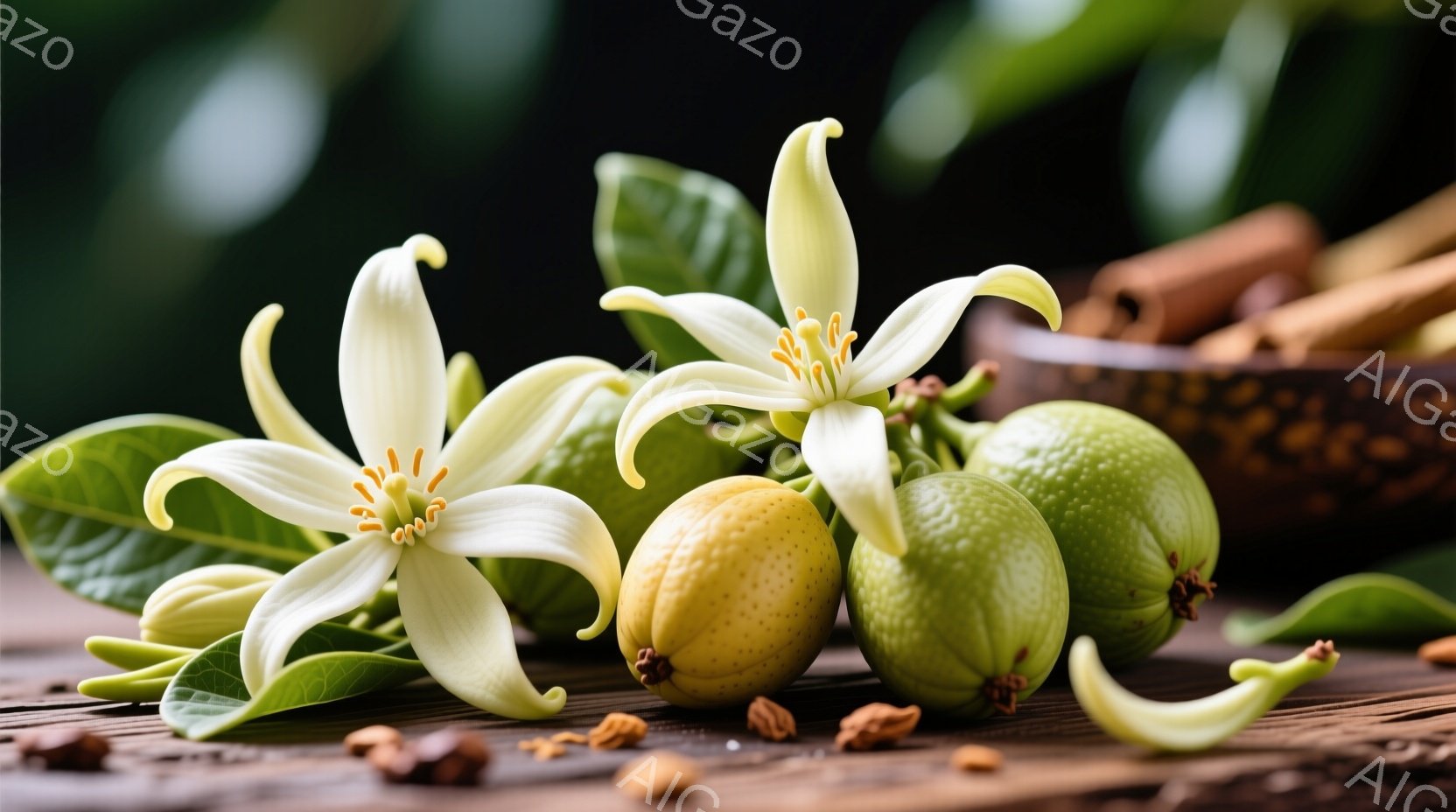 鮮やかな緑色の枇杷の果実と白く繊細な枇杷の花が、木製のテーブルの上に配置されています。背景には、磨かれた木材の質感と、散らばる枇杷の種が見られ、全体的に自然で落ち着いた雰囲気を醸し出しています。枇杷の - AI生成フリー素材