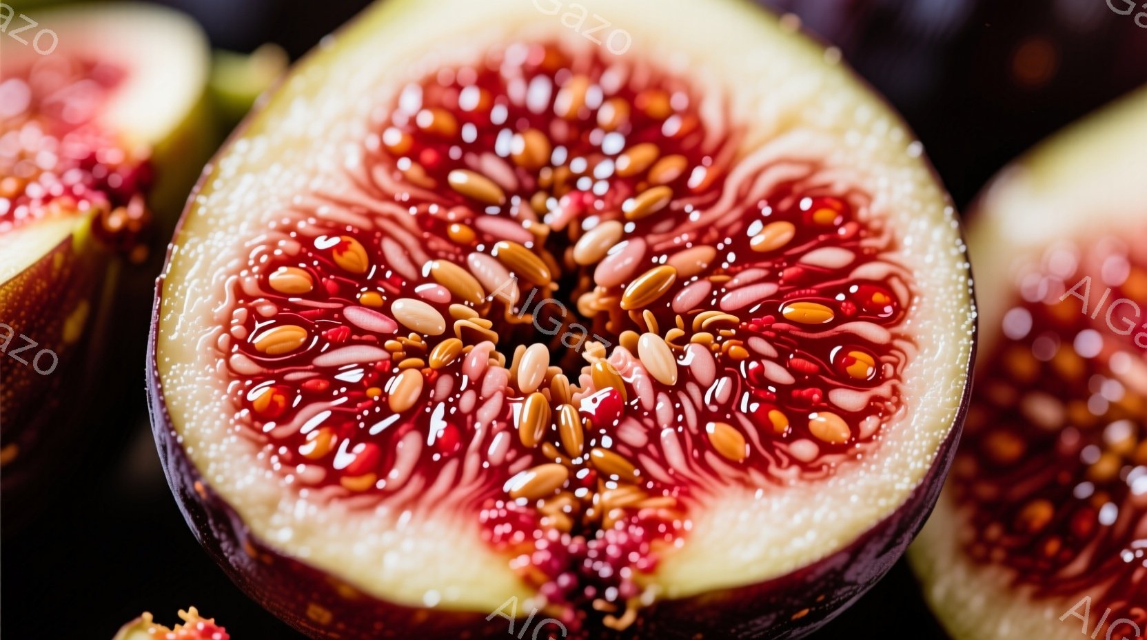 画像はイチジクの断面のクローズアップです。果肉は深紅色で、多くの小さな種子が密集しており、甘くジューシーな印象を与えます。背景は暗く、イチジクの鮮やかな色彩が際立っています。