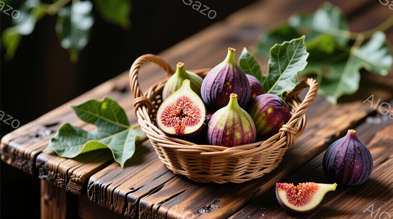 籠の中に、紫色のイチジクがいくつか入っており、一つは半分に切られています。背景は木の板で、緑のイチジクの葉が周りに散りばめられており、素朴で自然な雰囲気を醸し出しています。全体的に温かみのある光と落ち - AI生成フリー素材
