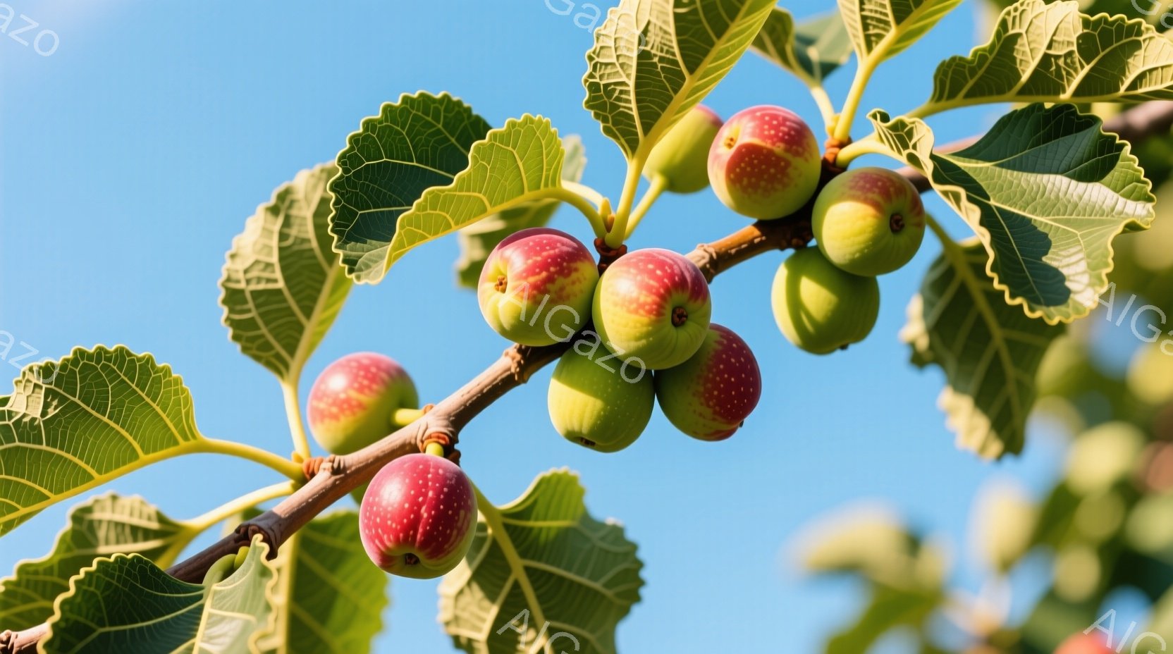 鮮やかな青空を背景に、いちじくの木に実った、赤と緑のいちじくが密集して写っている。葉は大きく、波打ち、日差しを浴びて鮮やかな緑色をしている。全体的に、夏の日差しを感じさせる、自然で穏やかな雰囲気が漂っ - AI生成フリー素材