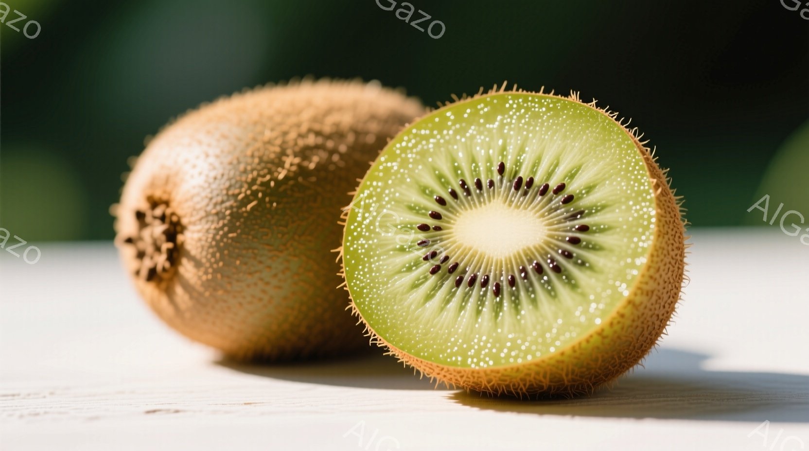 2つのキウイフルーツが白い木の板の上に並んでいます。一つは丸ごとで、もう一つは半分にカットされており、緑色の果肉と黒い種が見えています。背景はぼやけた緑色で、自然光が差し込み、全体的に新鮮で健康的な雰囲気を醸し出しています。