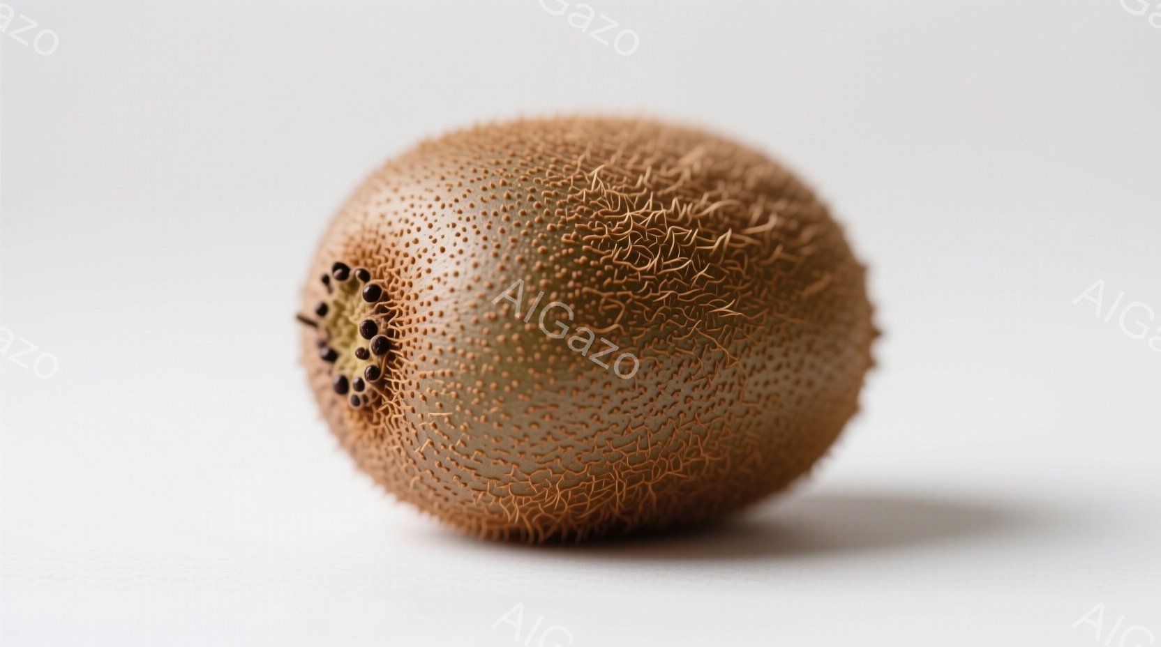 2つのキウイフルーツが白い表面に並んで置かれています。一つは丸ごとで、もう一つは半分にカットされており、種がはっきりと見えます。全体的に明るく、新鮮なフルーツの自然なテクスチャが強調されています。 - AI生成フリー素材