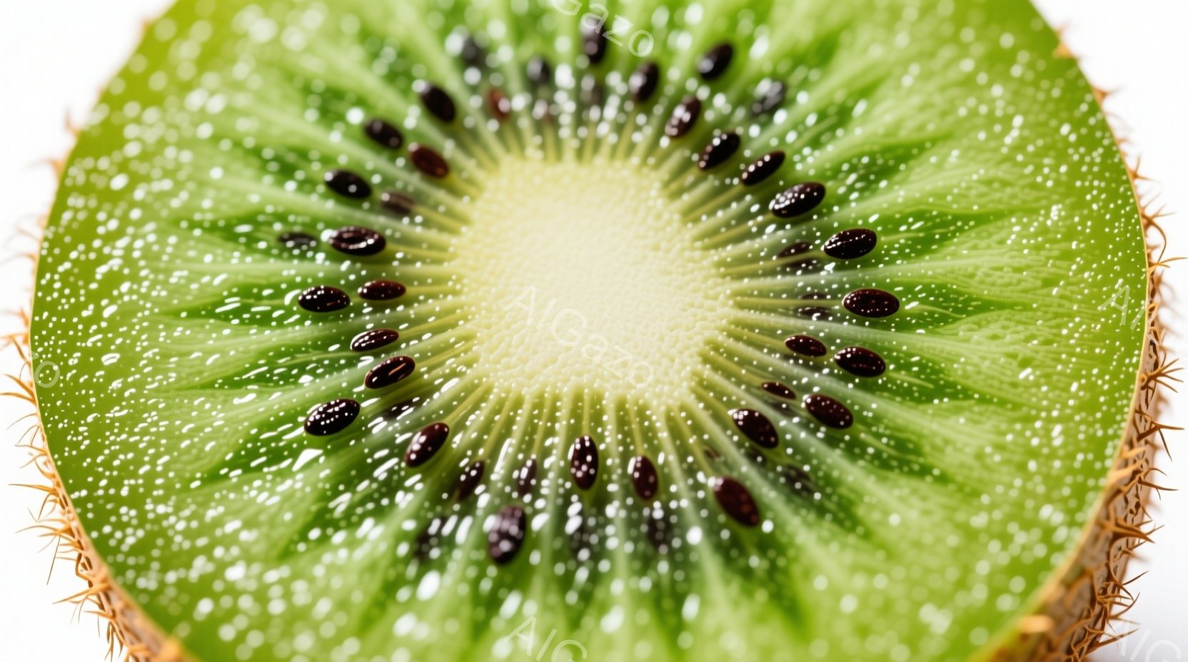 キウイフルーツの断面が鮮やかに写っている。緑色の果肉の中心には、小さくて黒い種が放射状に配置され、独特の模様を作り出している。果肉の周りには、薄い茶色の皮の一部がわずかに見え、瑞々しい果汁が感じられる - AI生成フリー素材