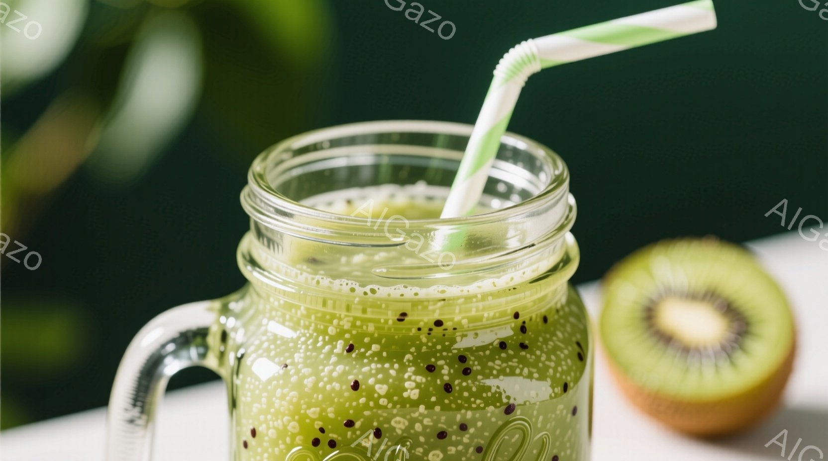 ガラスのメイソンジャーに緑色のスムージーが入っており、ストローが挿さっています。スムージーの中には小さな黒い種が見え、キウイフルーツのスライスが隣に置かれています。背景は白く、ぼやけた緑色の葉がわずかに見え、全体的に爽やかで健康的な雰囲気です。