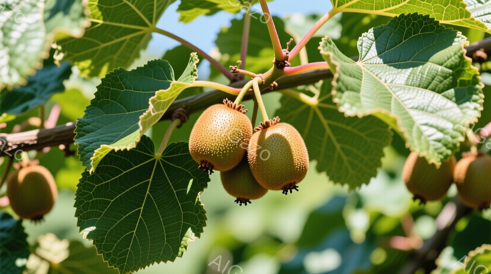 鮮やかな緑色の葉に、まだ緑色のキウイフルーツが実っています。キウイは枝からぶら下がり、まだ未熟で、表面には細かい毛が生えています。背景は明るい空とぼやけた緑で、自然の中で育つキウイの生命力を感じさせます。