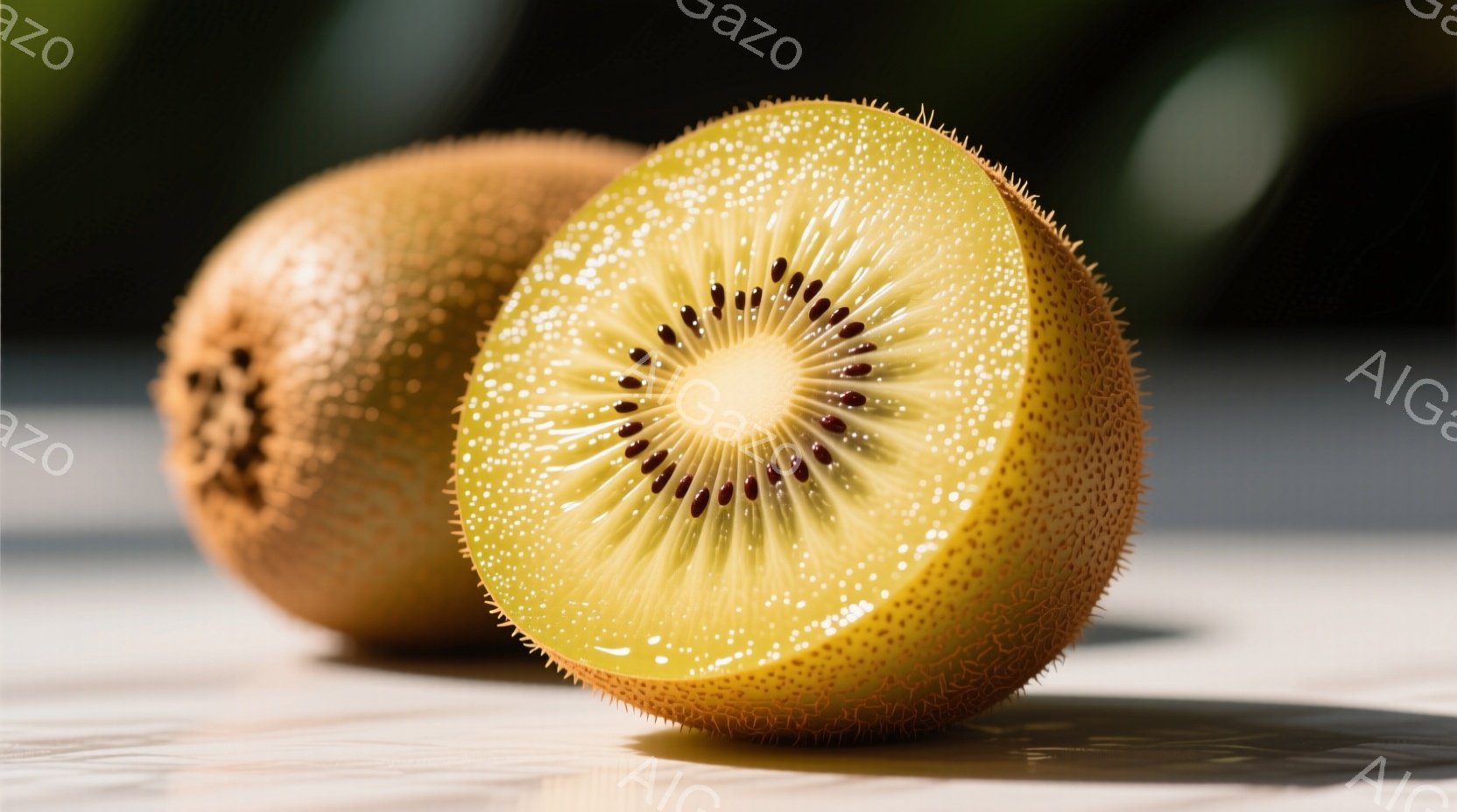 2つのキウイフルーツが白い表面に置かれています。一つは丸く、もう一つは半分に切られており、緑と黄色の果肉と小さな黒い種が見えます。光の当たり方から、フルーツの質感が強調され、新鮮で美味しそうな雰囲気が - AI生成フリー素材