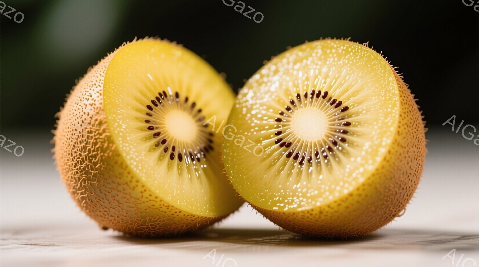 半分に切られたキウイフルーツが2つ並んで写っています。果肉は鮮やかな黄色で、種は規則的に並んでいます。背景はぼやけた木目調で、全体的に明るく、自然な雰囲気が漂っています。