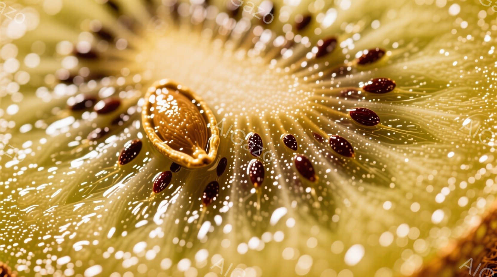 キウイフルーツの断面がクローズアップされており、放射状に並んだ小さな茶色の種と、淡い緑色の果肉が特徴的です。光が果肉を透過し、種に影を作り出し、テクスチャと立体感を強調しています。背景はぼやけており、 - AI生成フリー素材