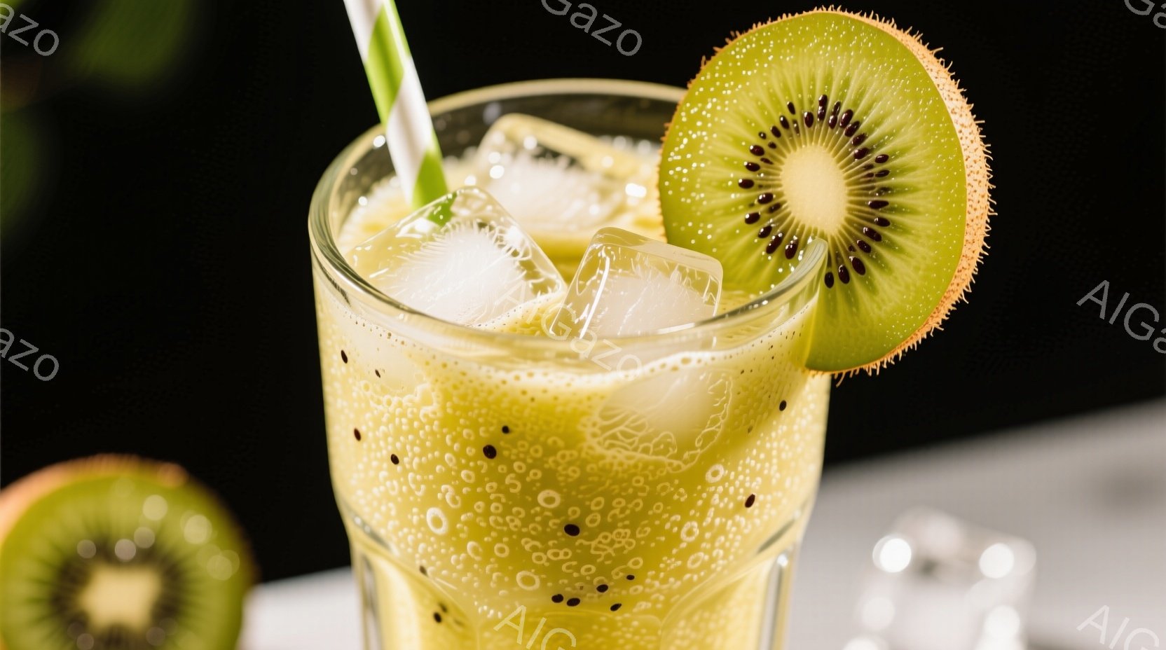 鮮やかな緑色のキウイフルーツが添えられた、泡立つキウイジュースがグラスに満たされています。氷がジュースの中に浮かび、ストローが差し込まれています。背景は暗く、他のキウイフルーツや氷の反射が見え、爽やかで夏らしい雰囲気を醸し出しています。