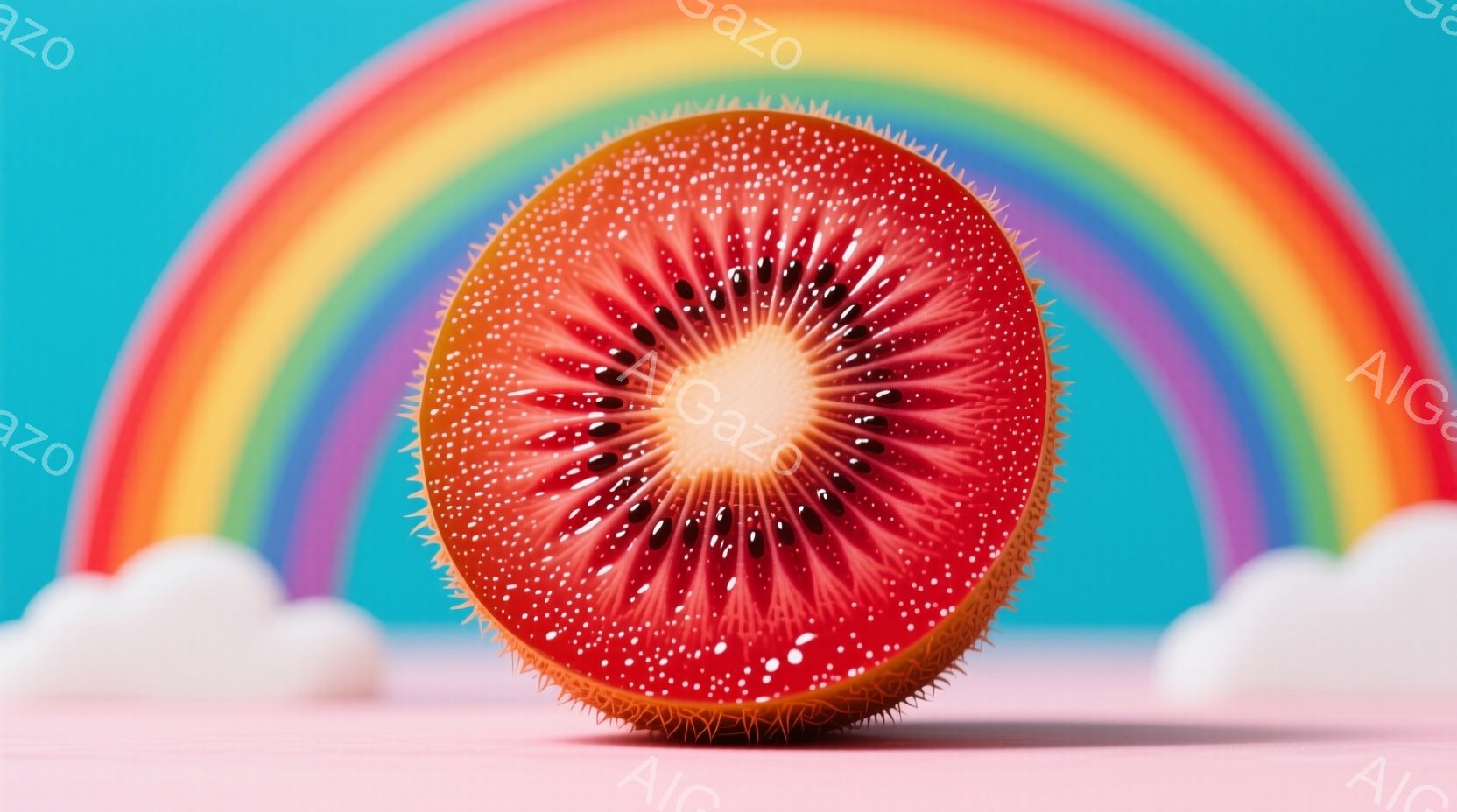 画像は半分に切られたキウイフルーツの断面を捉えています。鮮やかな赤色の果肉が中心から放射状に広がり、種が黒く点在しています。背景には、パステルカラーの雲と、鮮やかな虹が架かり、全体的に夢のような、ファンタジックな雰囲気を醸し出しています。