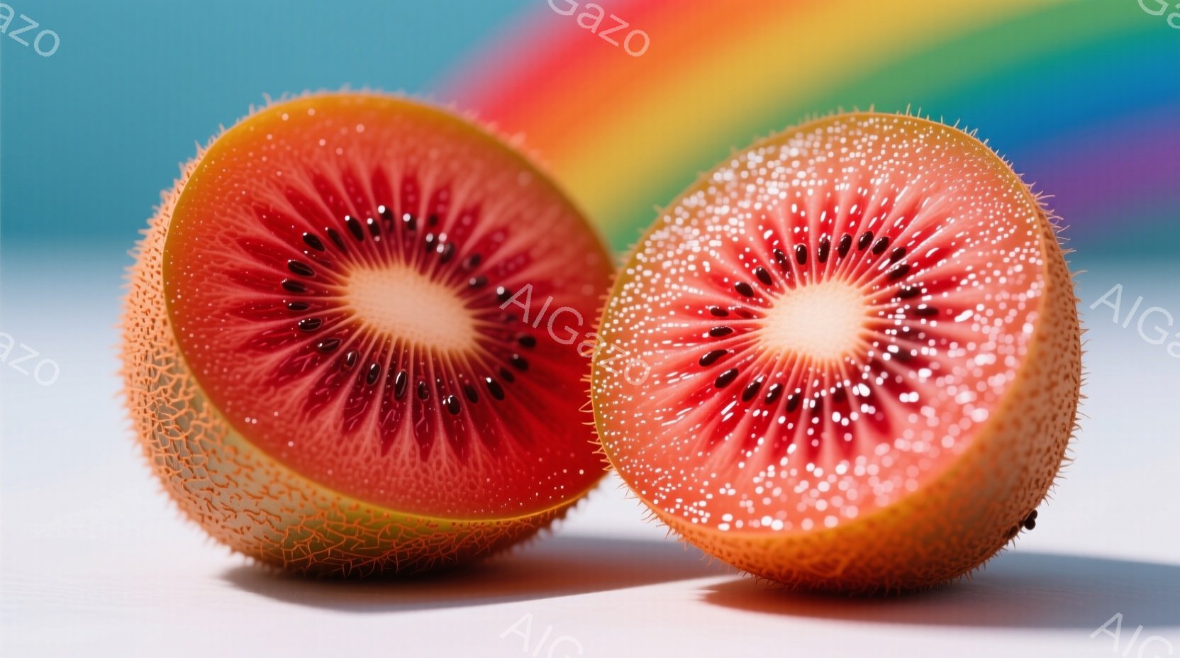 半分に切られた赤い果物が2つ写っています。果物は表面に小さな突起があり、内部は明るい赤色で、小さな黒い種が星のように配置されています。背景は柔らかい水色で、果物が鮮やかに際立っています。 - AI生成フリー素材