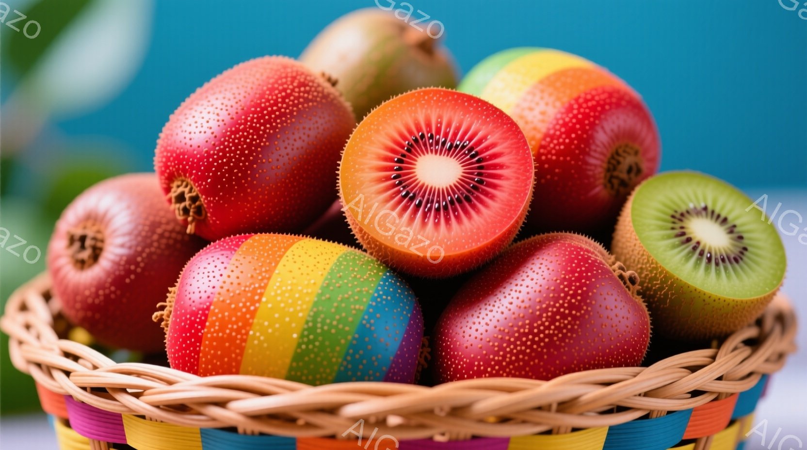 鮮やかな色のキウイフルーツが柳の籠に詰め込まれています。いくつかのキウイは半分にカットされており、その内部の赤や緑色の果肉が露わになっています。背景は明るい水色で、全体的にカラフルで食欲をそそる雰囲気 - AI生成フリー素材