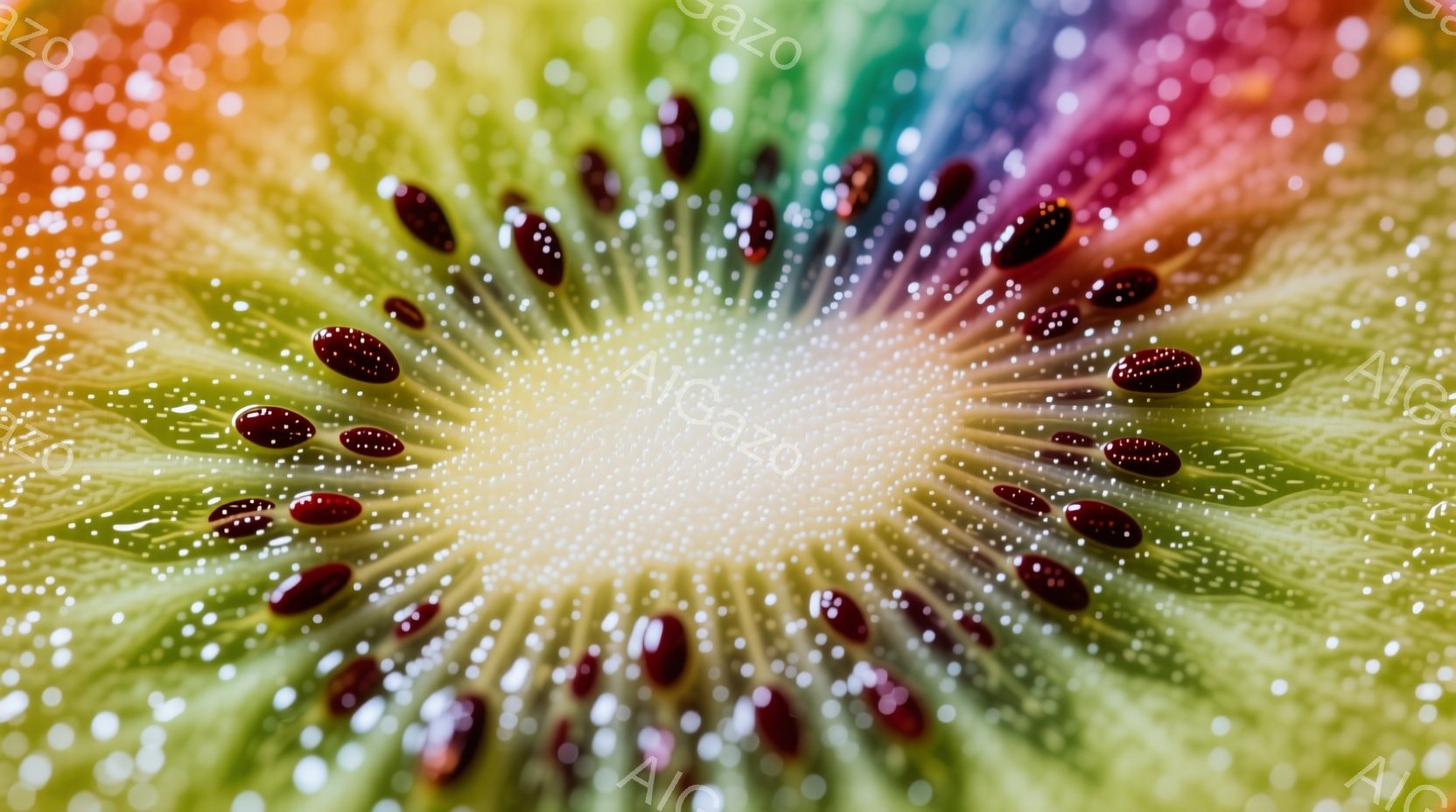 キウイフルーツの断面が、鮮やかな虹色に彩られています。中心から放射状に広がる果肉の繊維が、まるで万華鏡のような美しい模様を作り出しています。深紅色の小さな種が、そのコントラストを際立たせ、全体的に幻想的で目を引く光景です。