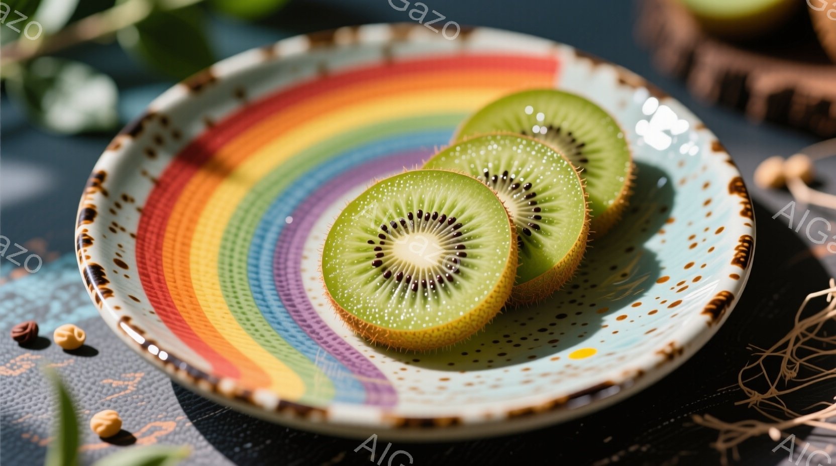 カラフルな渦巻き模様の皿の上に、カットされたキウイフルーツが2つ並べられています。皿の背景は濃い青色で、周囲には小さな茶色の種や植物の繊維が見えます。鮮やかな色彩とフルーツの瑞々しさで、明るく健康的な雰囲気が漂っています。
