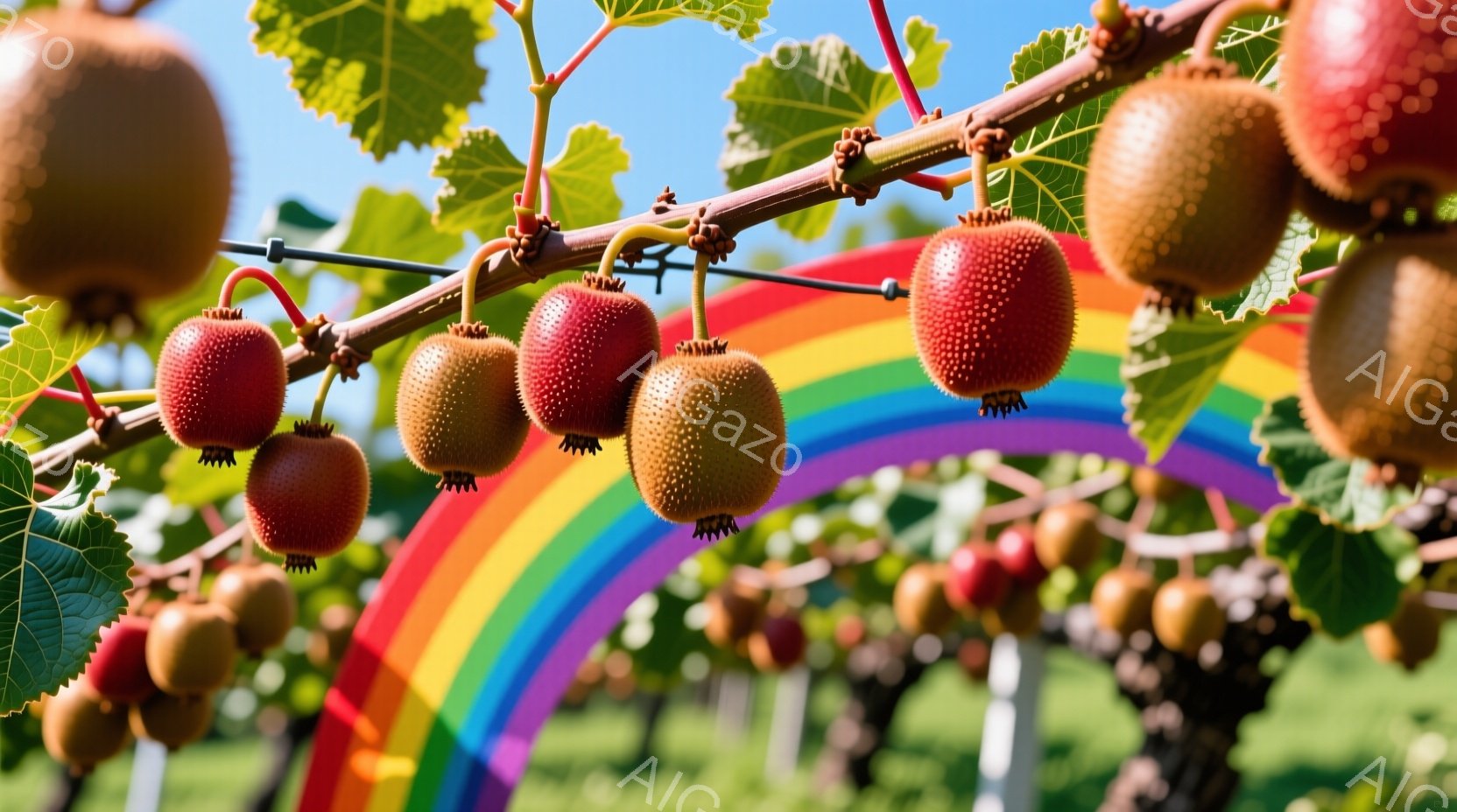 つるに沿って実ったキウイフルーツが写っている。果実は赤みがかった黄色で、表面には小さな毛のようなものがびっしりと生えている。背景には、虹色のアーチがあり、青空と緑の葉が生い茂る農園の一角を思わせる、穏 - AI生成フリー素材