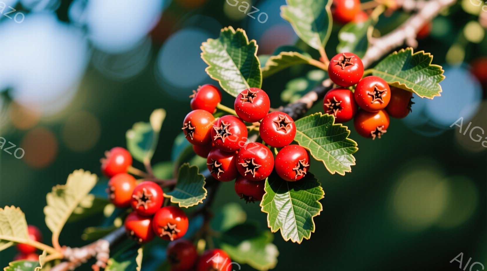 鮮やかな赤い実が枝に密集して写っている。葉は緑色で、実とのコントラストが美しい。背景は緑色の自然で、ぼやけており、実と葉が際立っている。 - AI生成フリー素材