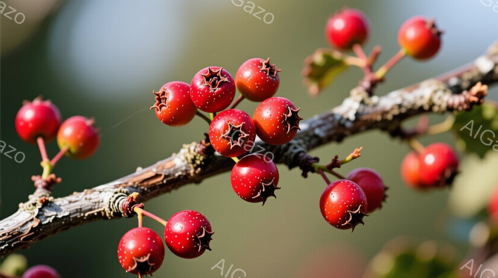 赤い実が枝に沿って並んでいるクローズアップ写真です。枝はざらざらとした質感で、秋の自然を連想させます。背景はぼやけており、実と枝が際立っています。