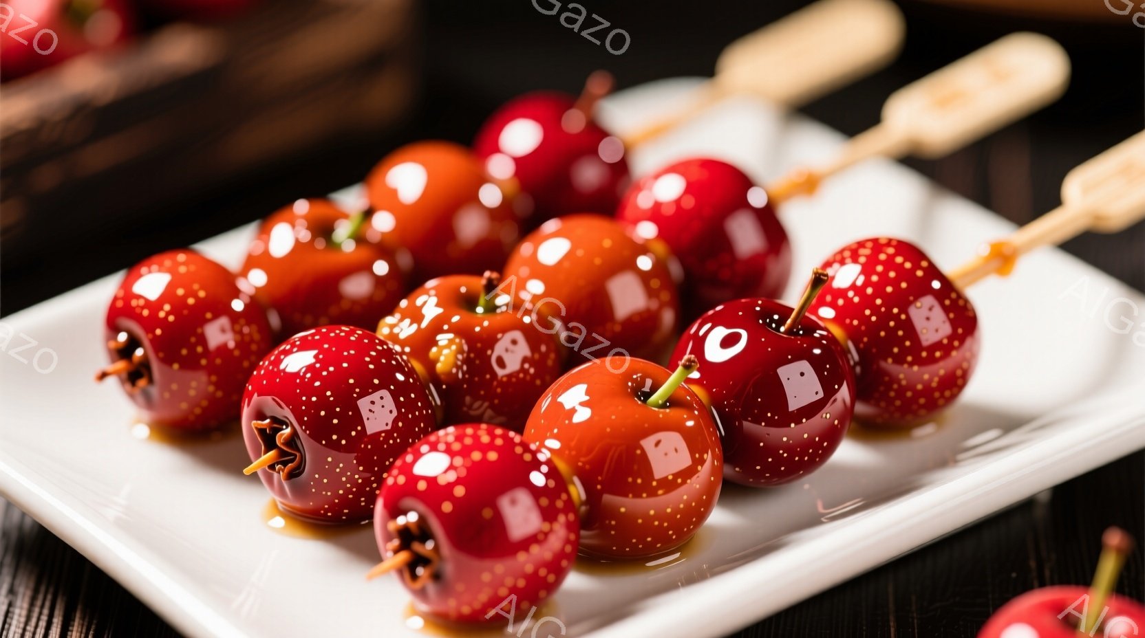 白い長方形の皿に、蜜がかけられた可愛らしいイチゴが串に刺さって並べられています。イチゴは赤い粒々が表面に散りばめられ、まるで宝石のように輝いています。背景は暗く、イチゴの鮮やかな赤色が際立っています。