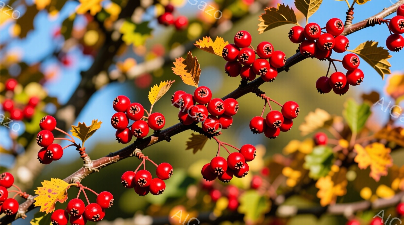 鮮やかな赤い実が枝に密集しており、一部の葉は秋色に染まり始めています。背景には青空が広がり、秋の穏やかな日差しが感じられます。全体的に、自然の美しさを捉えた、温かく穏やかな雰囲気の画像です。 - AI生成フリー素材