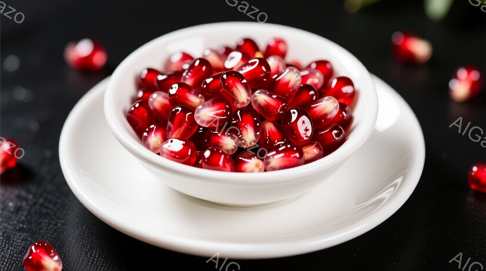 白い器にザクロの種が山のように盛られています。黒い背景に白い皿と赤色の種が鮮やかなコントラストを生み出し、生命力に溢れた印象を与えます。全体的に、シンプルでありながらも自然の恵みを表現した、洗練された雰囲気の画像です。