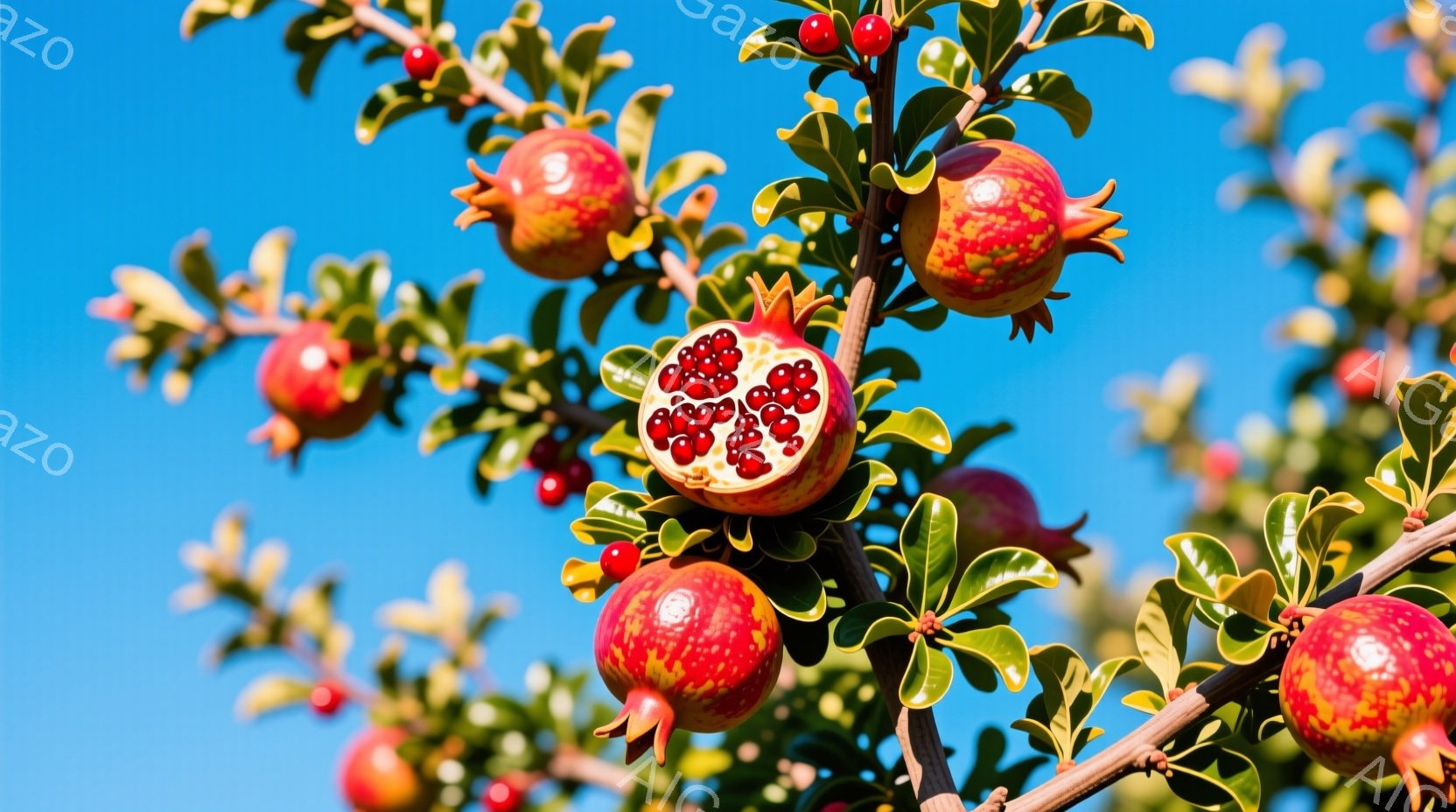 鮮やかな青空を背景に、ザクロの木が写っている。赤いザクロの実が葉の間から顔を出し、いくつか実が割れて中から深紅の種が見えている。全体的に暖かく、豊穣な秋の雰囲気が漂う写真である。 - AI生成フリー素材
