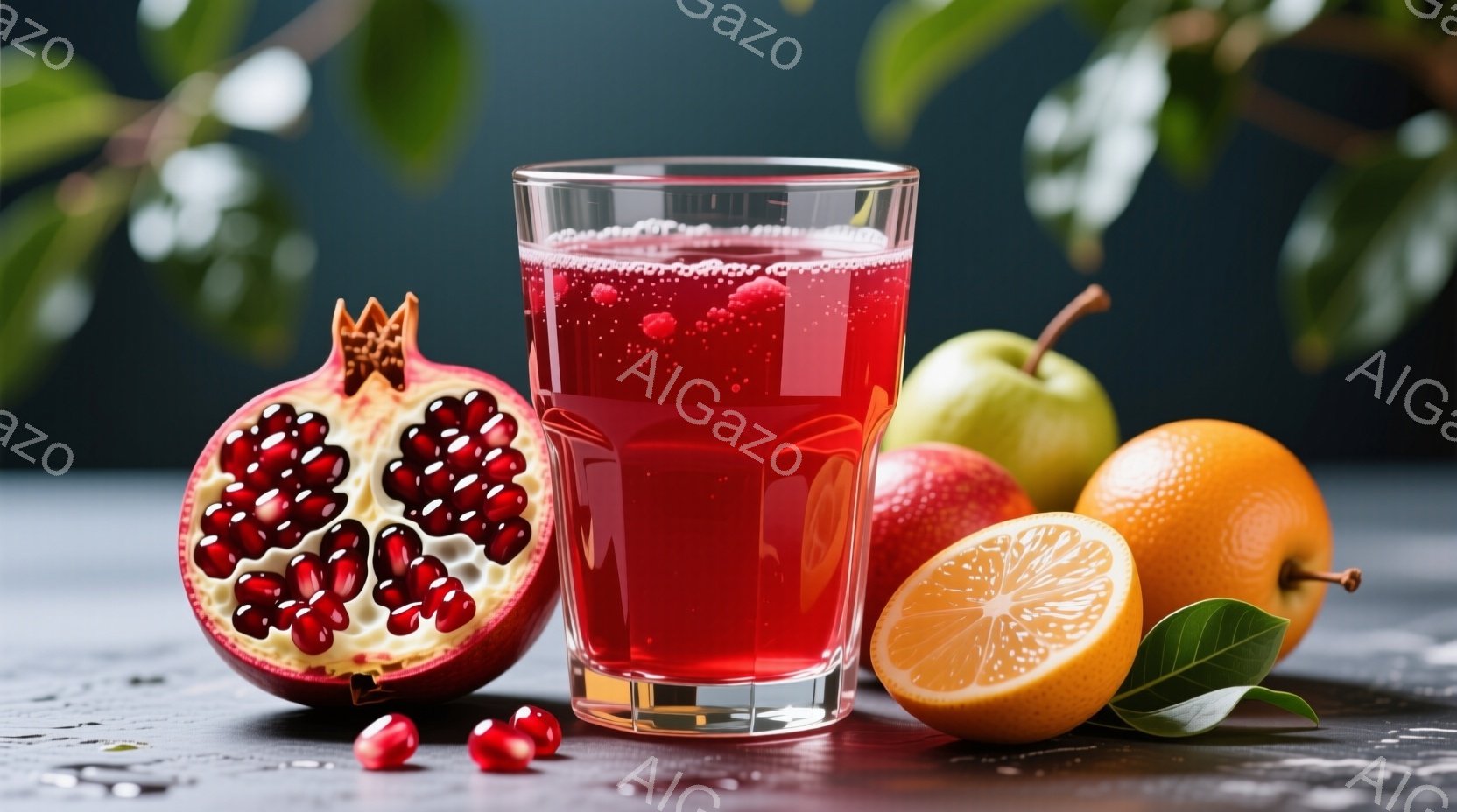 鮮やかな赤いジュースがグラスに満たされ、半分に切られたザクロ、オレンジ、リンゴと共に、暗いグレーの表面に置かれています。ザクロの種はジュースに似た深い赤色をしており、周囲には散らばった種がいくつか見られます。背景は緑の葉でぼやけており、全体的に健康的で爽やかな印象を与えます。