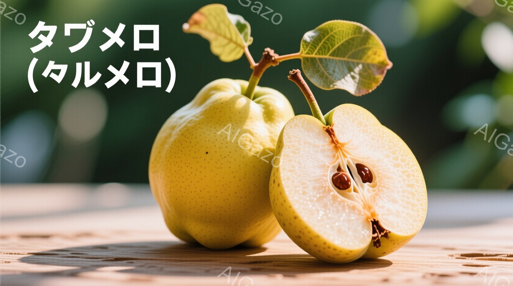 表面に細かい斑点のある、丸みを帯びた黄色いビワが２つ、木製のテーブルの上に置かれています。一つは丸ごとで、もう一つは半分にカットされており、種がはっきりと見えます。背景は緑色のぼかしで、自然光が柔らかく差し込み、果実の鮮やかさを引き立てています。