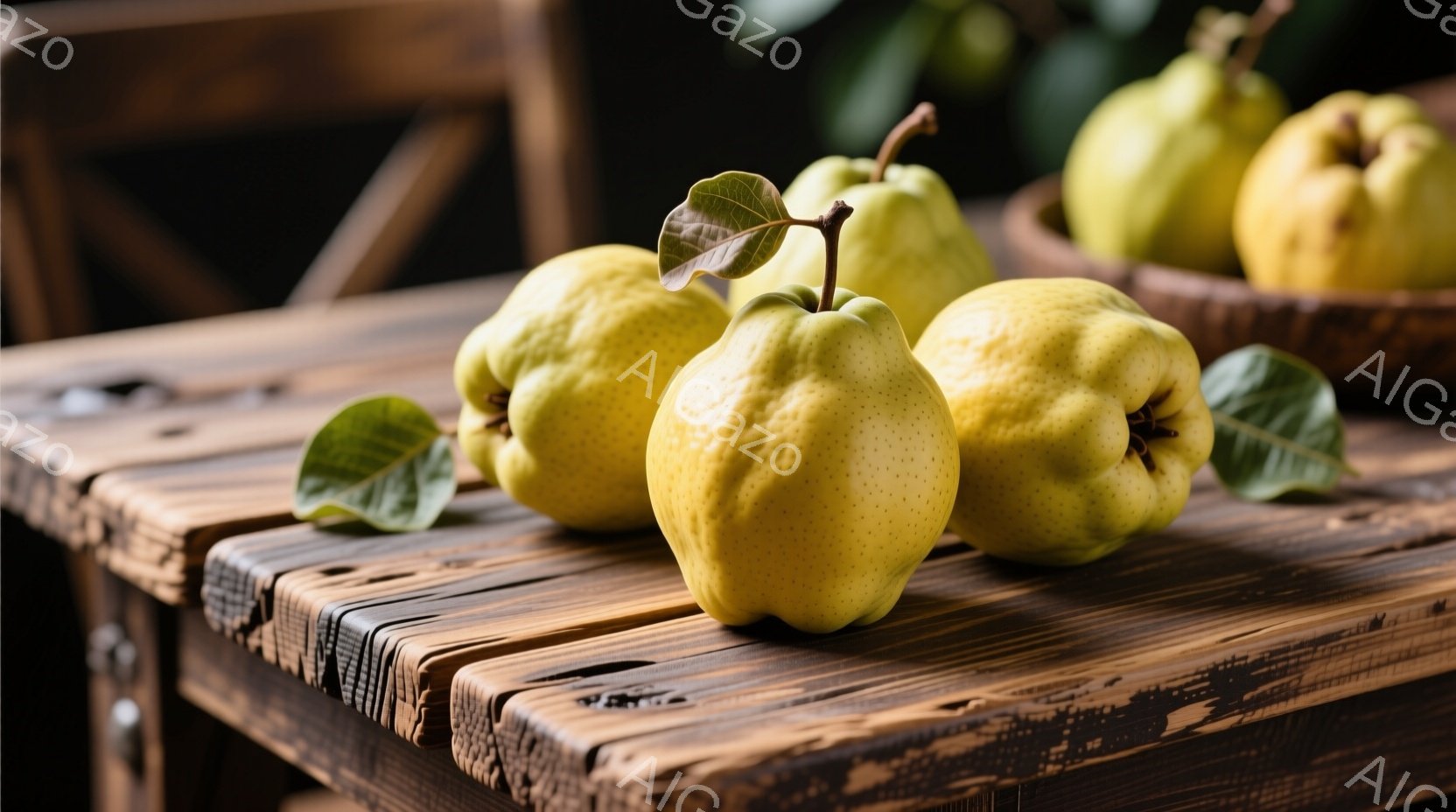 茶色くざらついた木製のテーブルの上に、いくつかのマルメロが置かれています。マルメロは黄色みがかった緑色で、表面には小さな斑点があります。背景には、ぼやけた木製の構造物が見え、全体的に暖かく、素朴な雰囲気が漂っています。