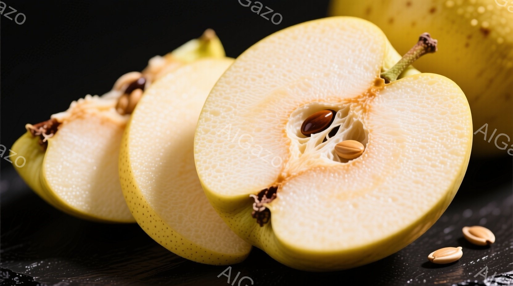 熟れた梨が半分に切られて、その断面が写っている。梨の果肉は淡い黄色で、種が入った中心部分がはっきりと見える。黒い背景の上に、梨の切れ端と種が散らばっており、全体的に落ち着いた雰囲気を醸し出している。